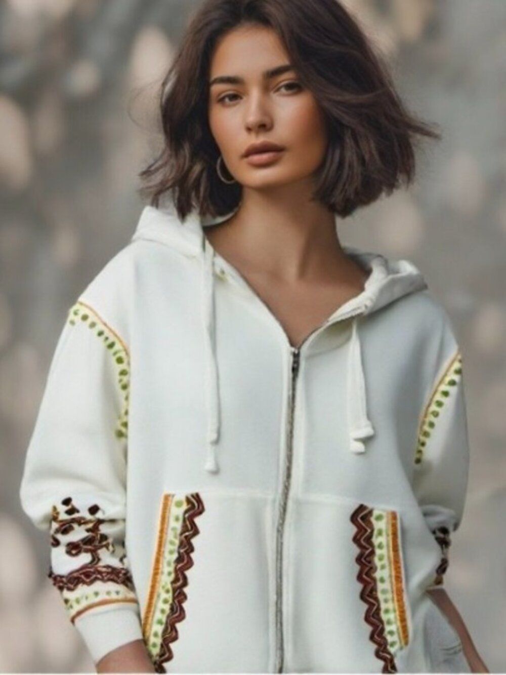 Driftwood Womens Hoodie Full Zip Sweatshirt Size L Cream Embroidered Boho Jacket